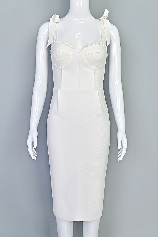 Woman wearing a figure flattering Payton Bandage Dress - Pearl White BODYCON COLLECTION
