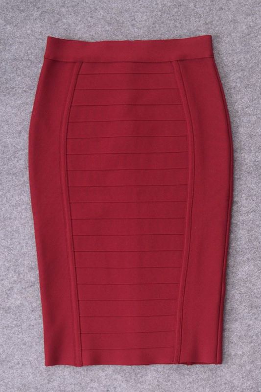 Woman wearing a figure flattering Pencil High Waist Bandage Knee Length Cocktail Skirt - Red Wine BODYCON COLLECTION