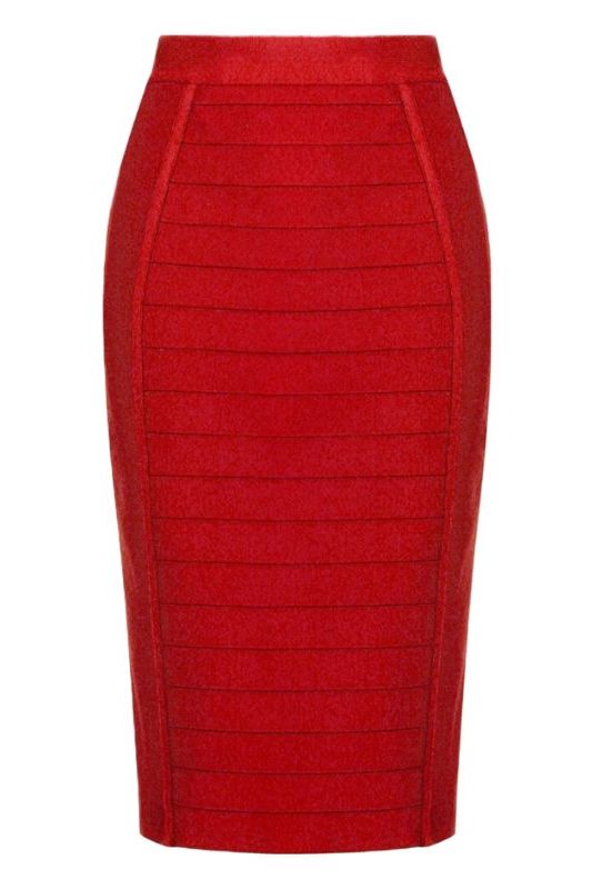 Woman wearing a figure flattering Pencil High Waist Bandage Knee Length Cocktail Skirt - Red Wine BODYCON COLLECTION