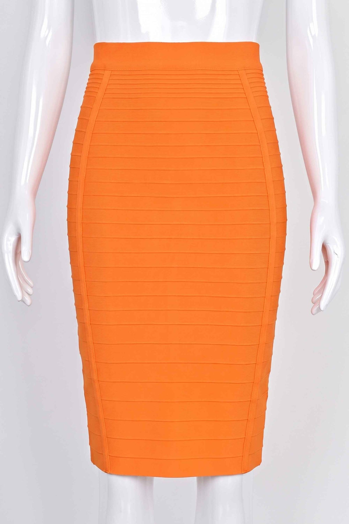 Woman wearing a figure flattering Pencil High Waist Bandage Knee Length Knitted Skirt - Apricot Orange BODYCON COLLECTION