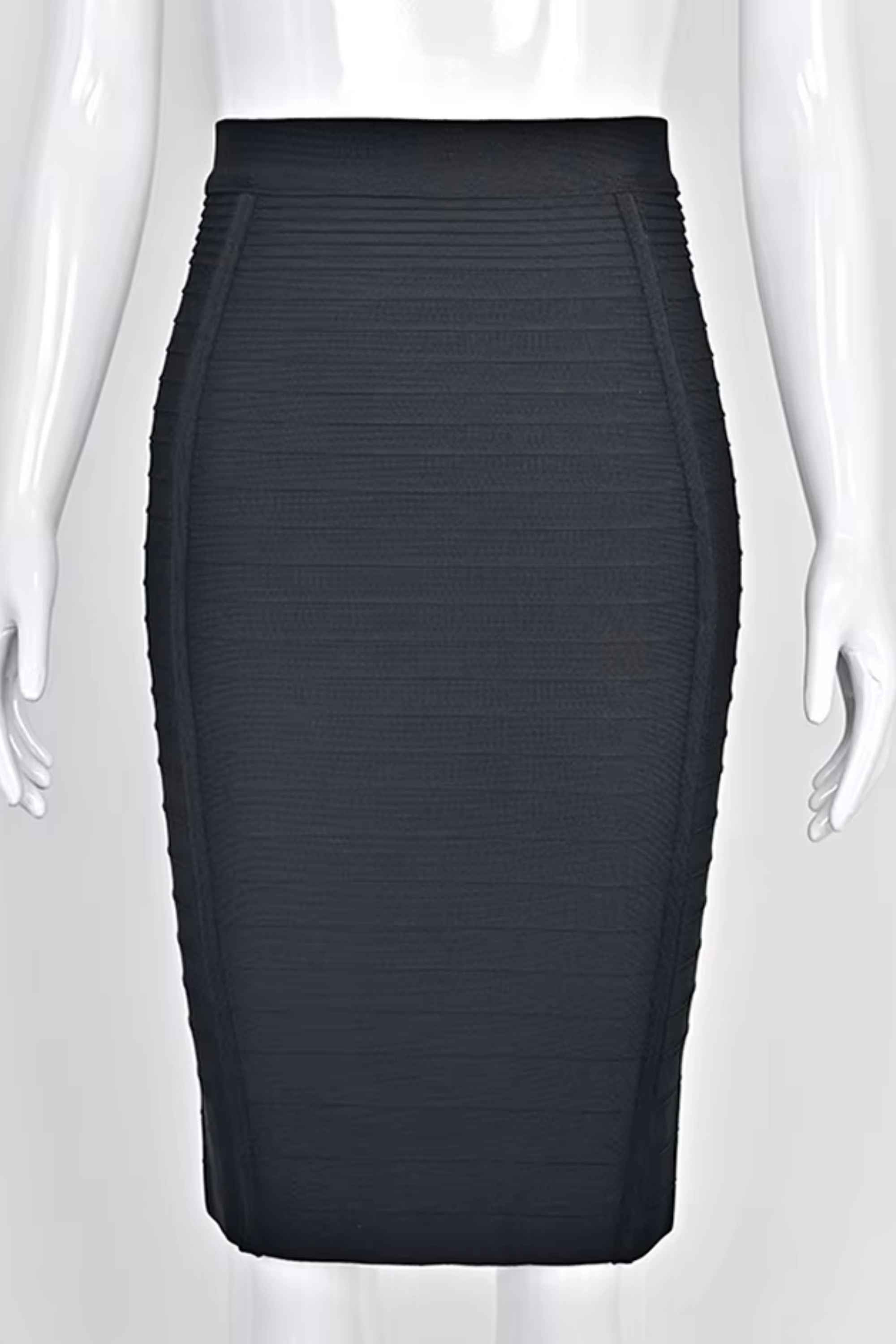 Woman wearing a figure flattering Pencil High Waist Bandage Knee Length Knitted Skirt - Classic Black BODYCON COLLECTION