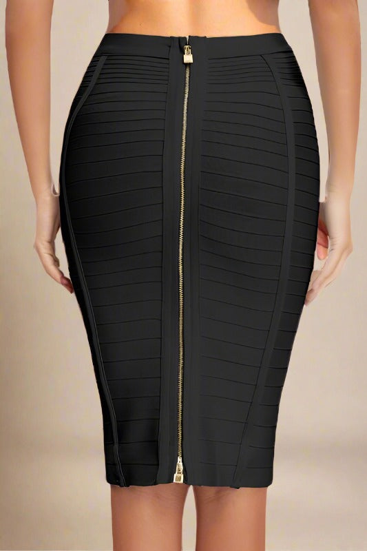 Woman wearing a figure flattering  Pencil High Waist Bandage Knee Length Knitted Skirt - Classic Black BODYCON COLLECTION