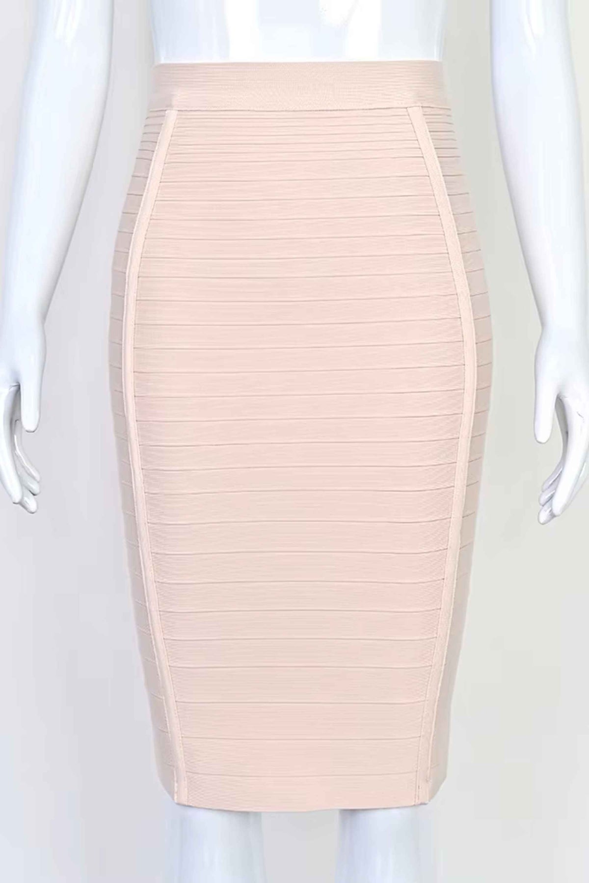 Woman wearing a figure flattering Pencil High Waist Bandage Knee Length Knitted Skirt - Cream BODYCON COLLECTION