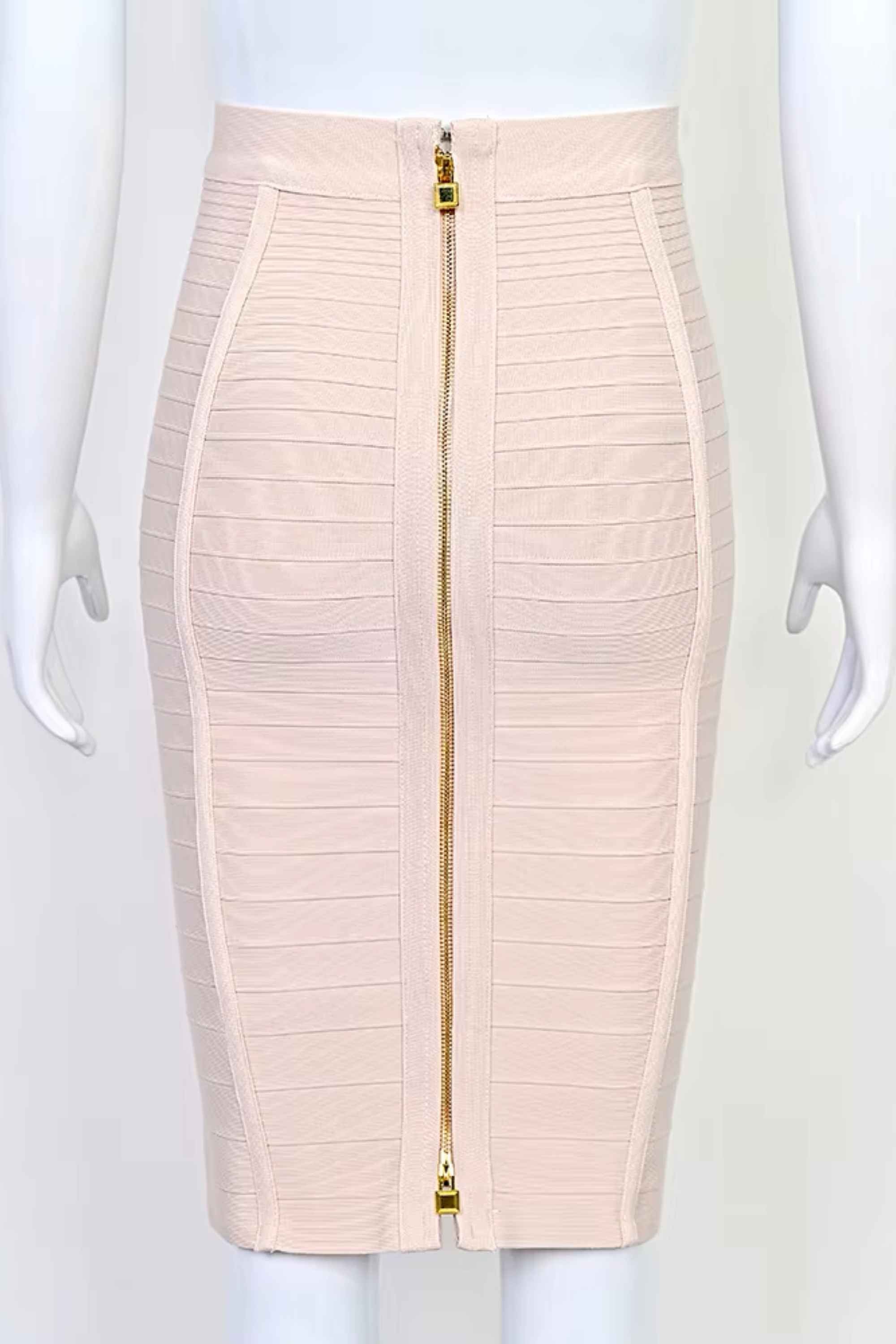 Woman wearing a figure flattering Pencil High Waist Bandage Knee Length Knitted Skirt - Cream BODYCON COLLECTION