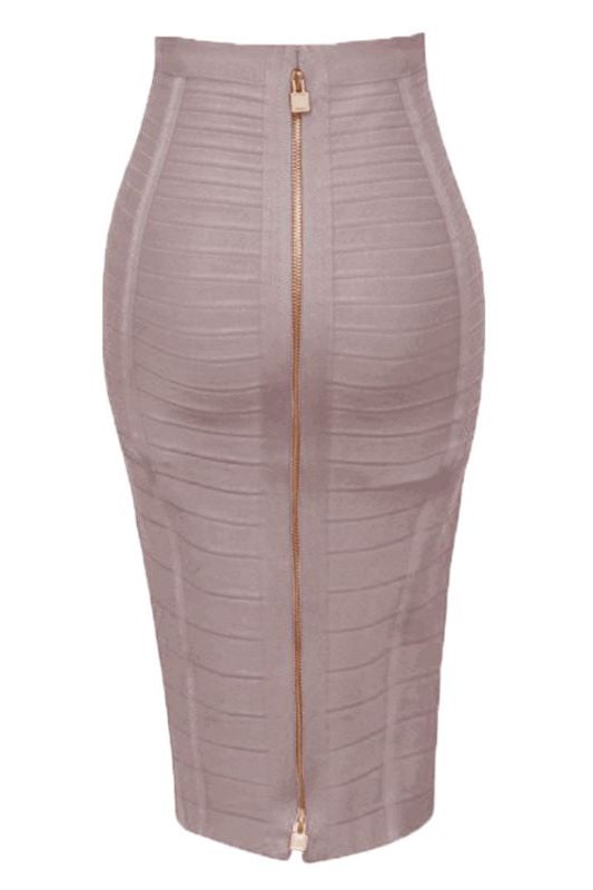 Woman wearing a figure flattering  Pencil High Waist Bandage Knee Length Knitted Skirt - Cream BODYCON COLLECTION