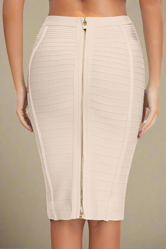 Woman wearing a figure flattering  Pencil High Waist Bandage Knee Length Knitted Skirt - Cream BODYCON COLLECTION