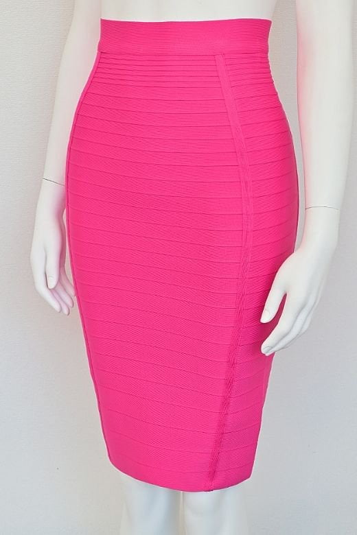 Woman wearing a figure flattering Pencil High Waist Bandage Knee Length Knitted Skirt - Hot Pink BODYCON COLLECTION