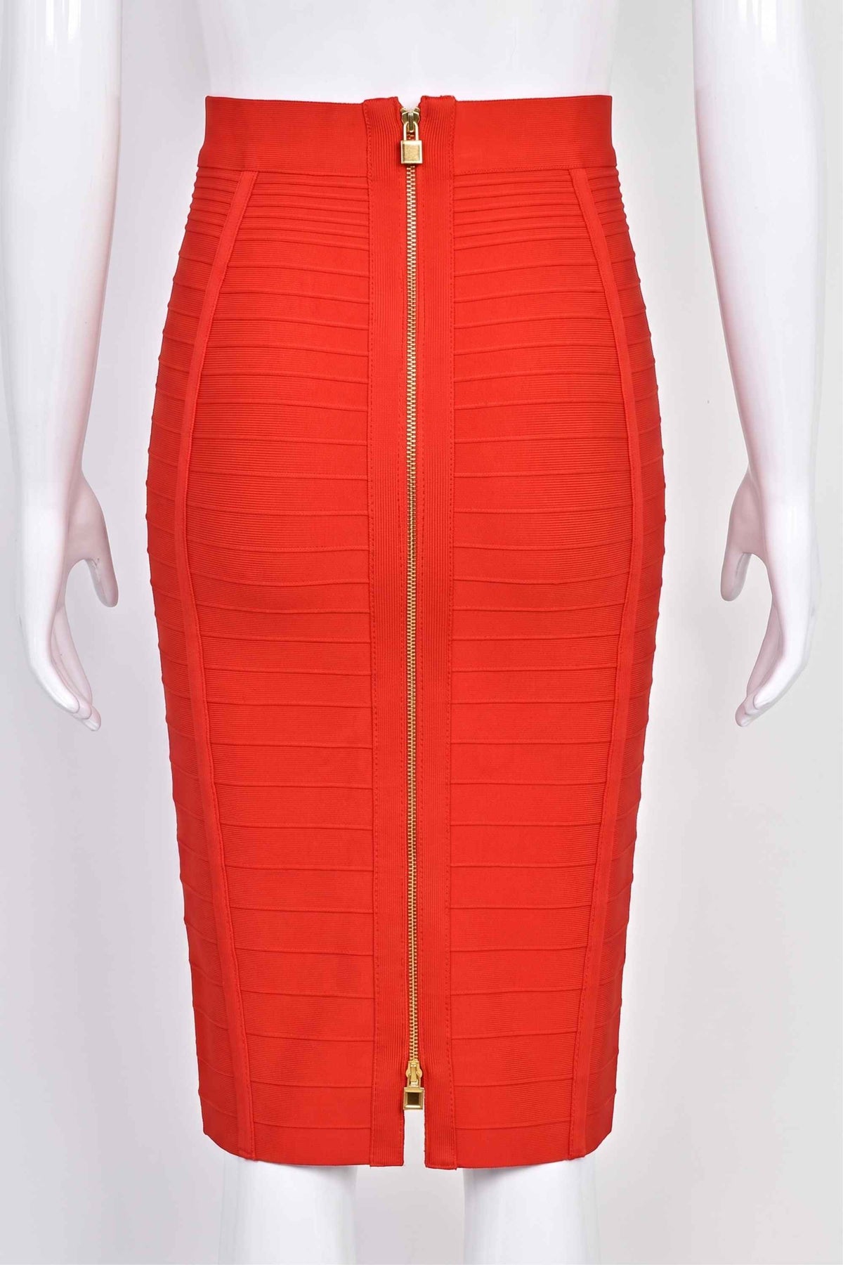 Woman wearing a figure flattering Pencil High Waist Bandage Knee Length Knitted Skirt - Lipstick Red BODYCON COLLECTION