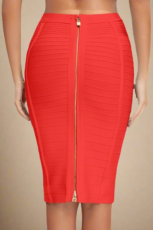Woman wearing a figure flattering  Pencil High Waist Bandage Knee Length Knitted Skirt - Lipstick Red BODYCON COLLECTION