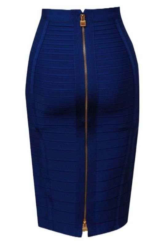 Woman wearing a figure flattering  Pencil High Waist Bandage Knee Length Knitted Skirt - Navy Blue BODYCON COLLECTION