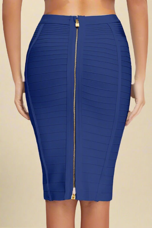 Navy Blue Pencil High Waist Bandage Knee Length Ribbed Skirt