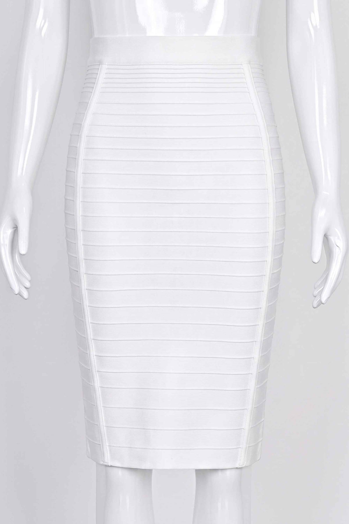 Woman wearing a figure flattering Pencil High Waist Bandage Knee Length Knitted Skirt - Pearl White BODYCON COLLECTION