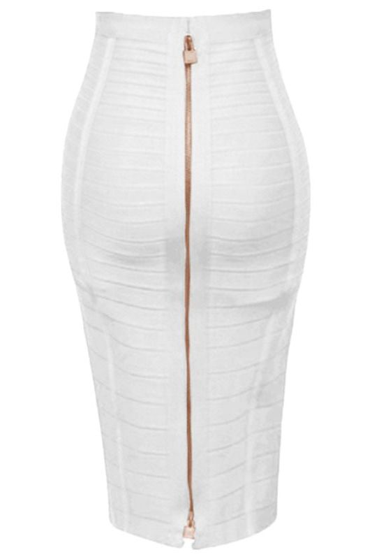 Woman wearing a figure flattering  Pencil High Waist Bandage Knee Length Knitted Skirt - Pearl White BODYCON COLLECTION