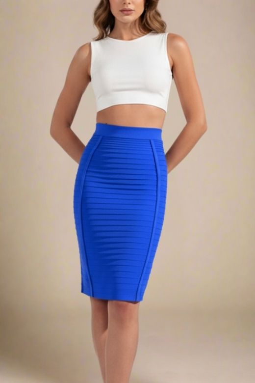 Woman wearing a figure flattering Pencil High Waist Bandage Knee Length Knitted Skirt - Royal Blue BODYCON COLLECTION