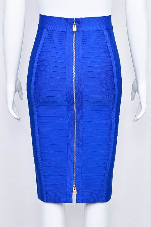Woman wearing a figure flattering Pencil High Waist Bandage Knee Length Knitted Skirt - Royal Blue BODYCON COLLECTION