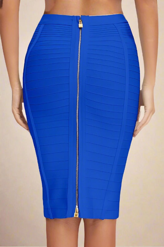 Royal Blue Pencil High Waist Bandage Knee Length Ribbed Skirt