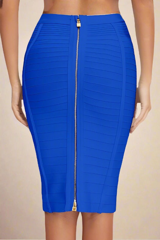 Woman wearing a figure flattering  Pencil High Waist Bandage Knee Length Knitted Skirt - Royal Blue BODYCON COLLECTION