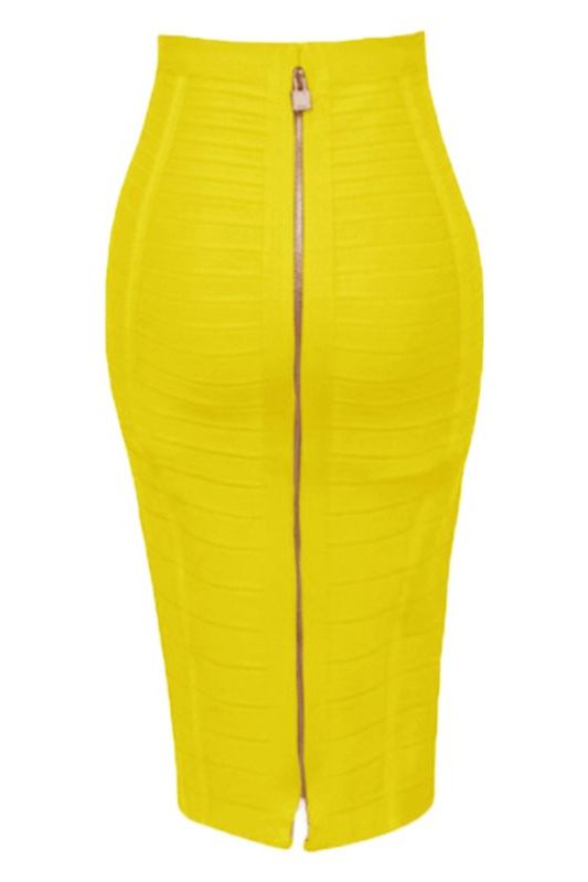 Woman wearing a figure flattering  Pencil High Waist Bandage Knee Length Knitted Skirt - Sun Yellow BODYCON COLLECTION