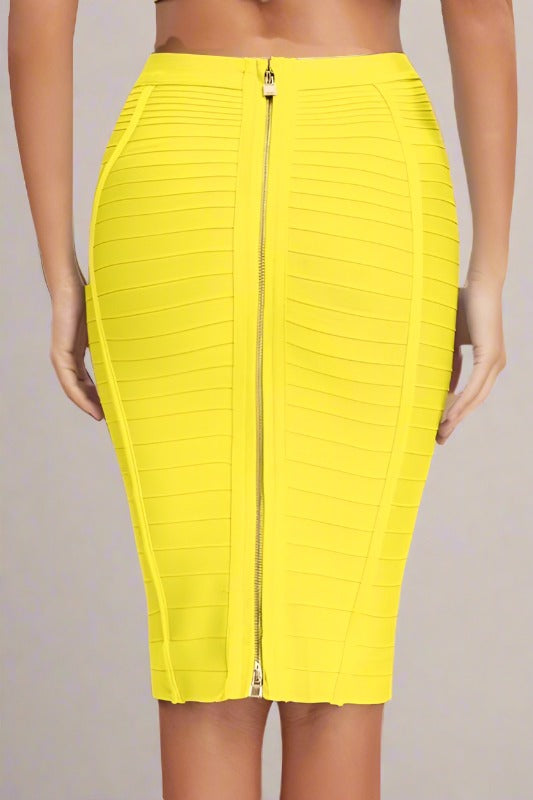 Woman wearing a figure flattering  Pencil High Waist Bandage Knee Length Knitted Skirt - Sun Yellow BODYCON COLLECTION