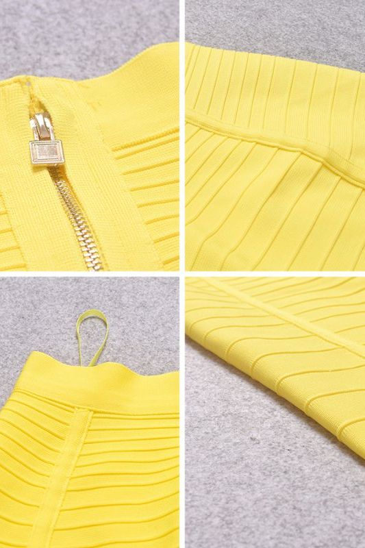 Woman wearing a figure flattering  Pencil High Waist Bandage Knee Length Knitted Skirt - Sun Yellow BODYCON COLLECTION