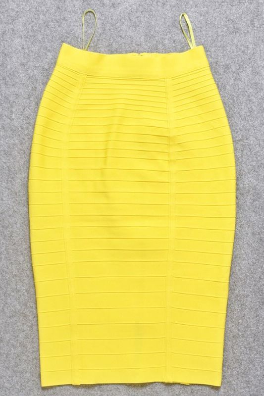 Woman wearing a figure flattering  Pencil High Waist Bandage Knee Length Knitted Skirt - Sun Yellow BODYCON COLLECTION