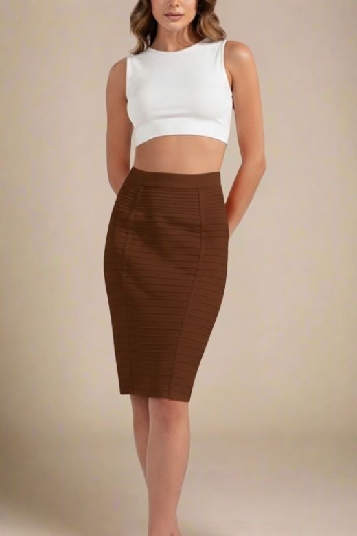 Woman wearing a figure flattering Pencil High Waist Bandage Knee Length Knitted Skirt - Tan Brown BODYCON COLLECTION