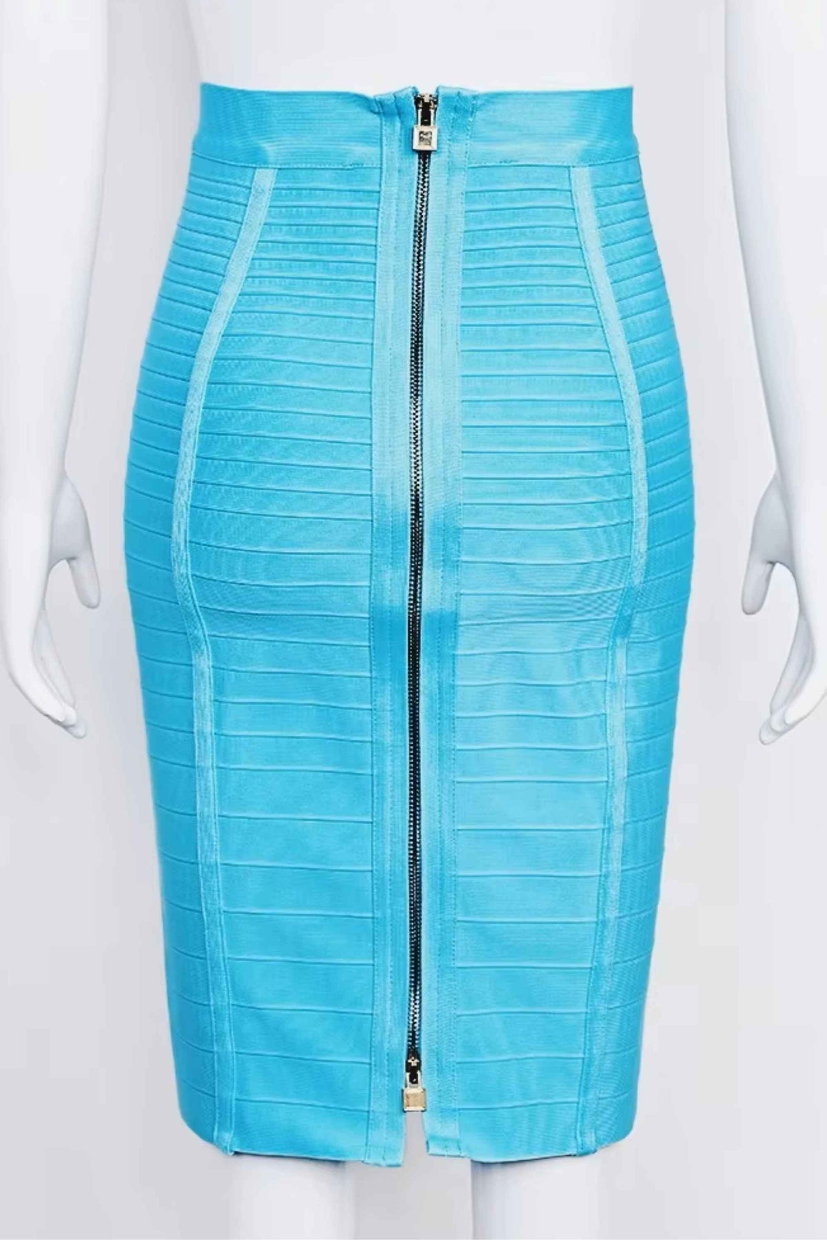 Woman wearing a figure flattering Pencil High Waist Bandage Knee Length Knitted Skirt - Turquoise Blue BODYCON COLLECTION