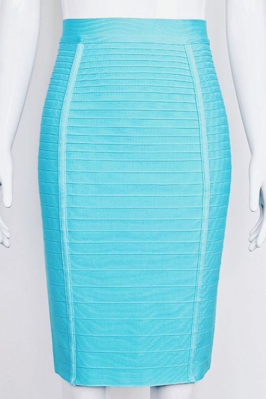 Woman wearing a figure flattering Pencil High Waist Bandage Knee Length Knitted Skirt - Turquoise Blue BODYCON COLLECTION