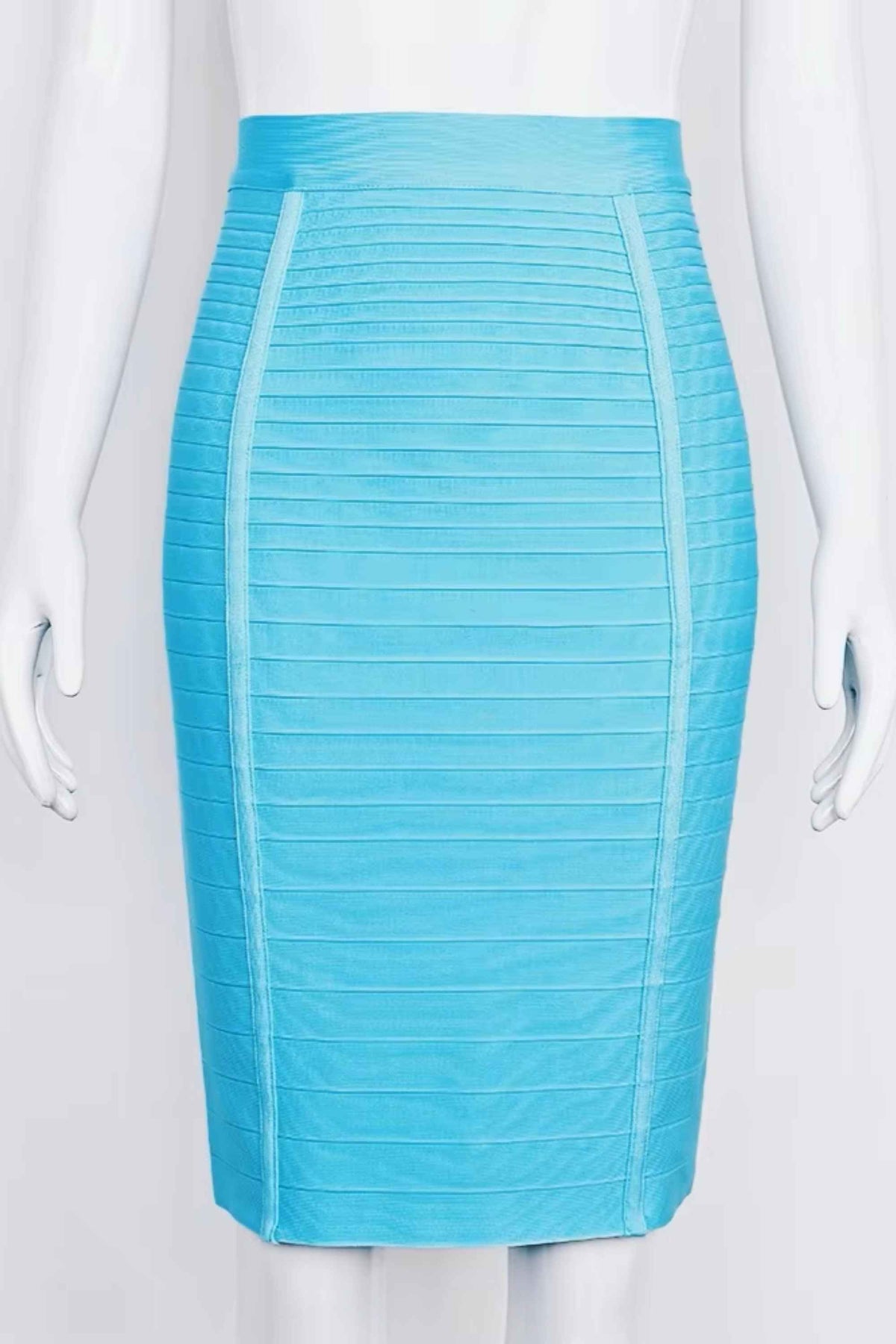 Woman wearing a figure flattering Pencil High Waist Bandage Knee Length Knitted Skirt - Turquoise Blue BODYCON COLLECTION