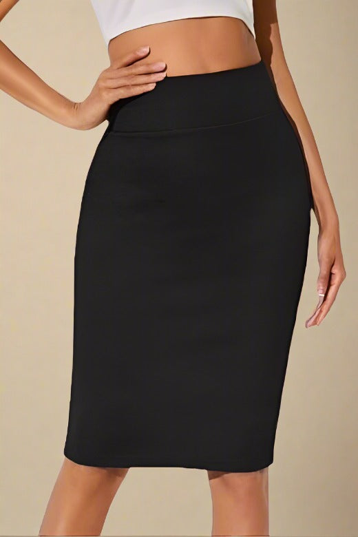 Woman wearing a figure flattering  Pencil High Waist Bandage Knee Length Skirt - Classic Black BODYCON COLLECTION