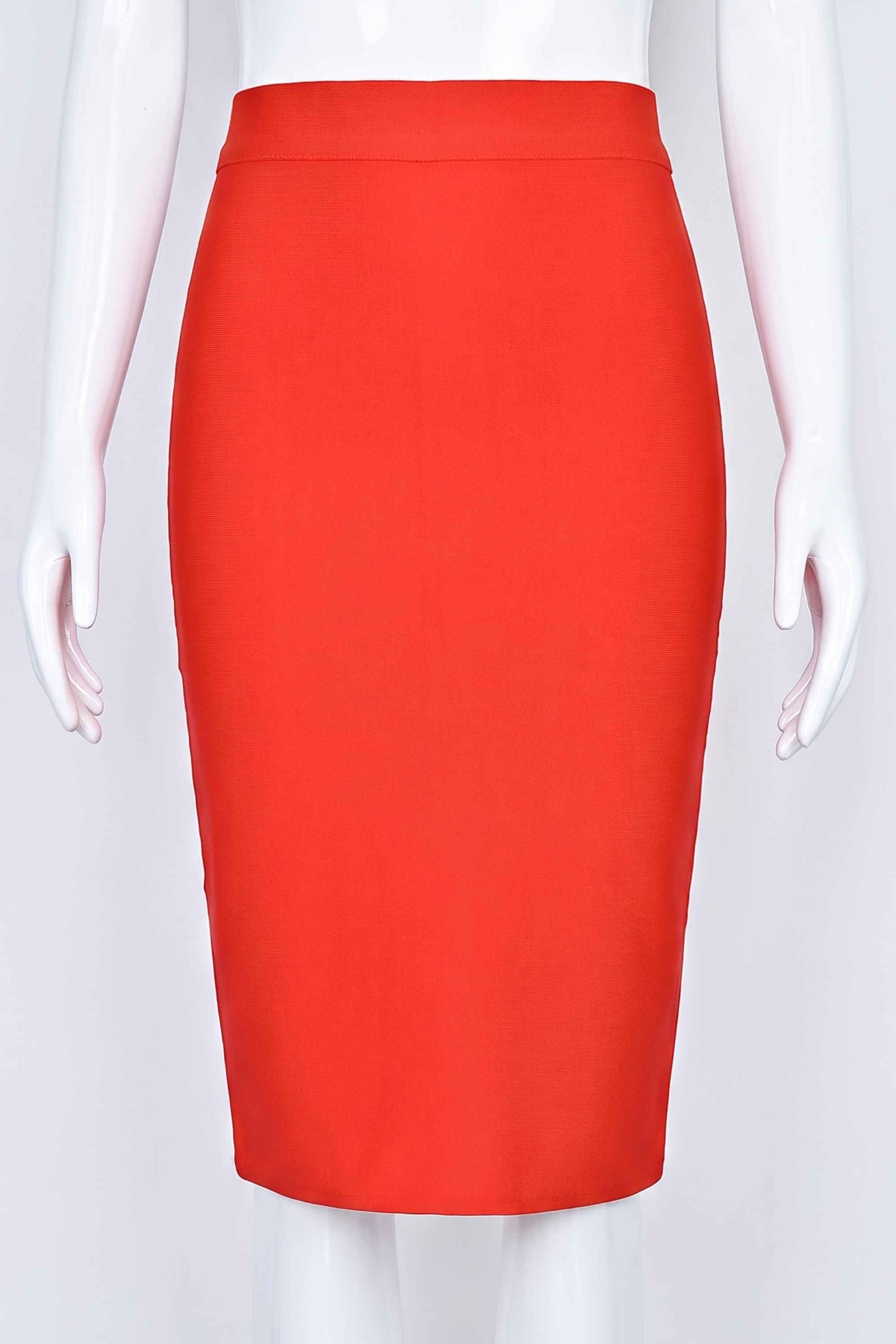 Woman wearing a figure flattering Pencil High Waist Bandage Knee Length Skirt - Lipstick Red BODYCON COLLECTION
