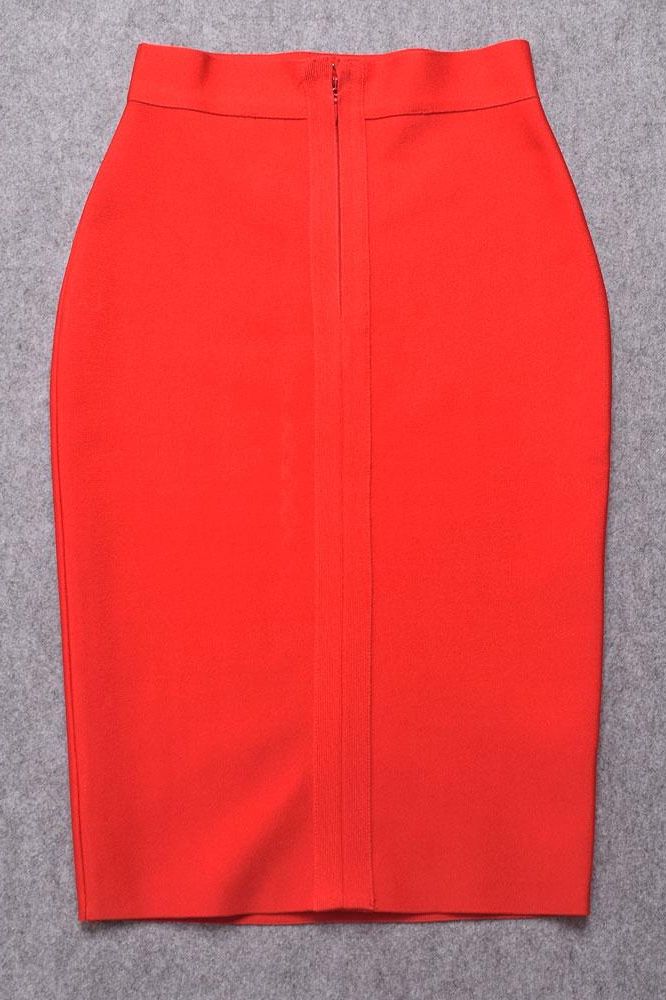 Woman wearing a figure flattering  Pencil High Waist Bandage Knee Length Skirt - Lipstick Red BODYCON COLLECTION