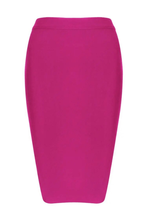 Woman wearing a figure flattering  Pencil High Waist Bandage Knee Length Skirt - Magenta Pink BODYCON COLLECTION