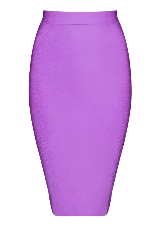 Woman wearing a figure flattering  Pencil High Waist Bandage Knee Length Skirt - Plum Purple BODYCON COLLECTION