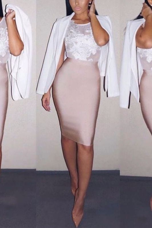 Woman wearing a figure flattering Pencil High Waist Bandage Knee Length Skirt - Plum Purple BODYCON COLLECTION