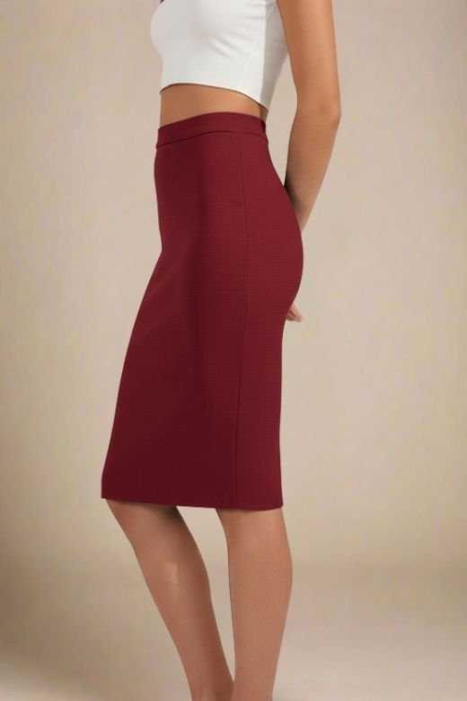 Woman wearing a figure flattering Pencil High Waist Bandage Knee Length Skirt - Red Wine BODYCON COLLECTION