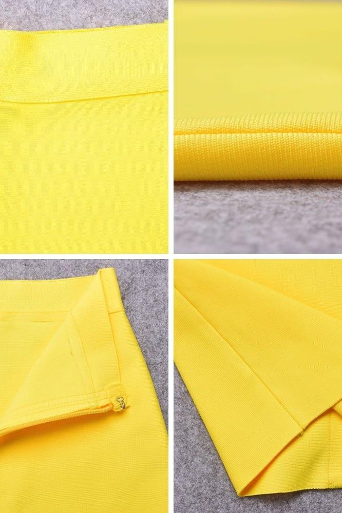 Woman wearing a figure flattering Pencil High Waist Bandage Knee Length Skirt - Sun Yellow BODYCON COLLECTION