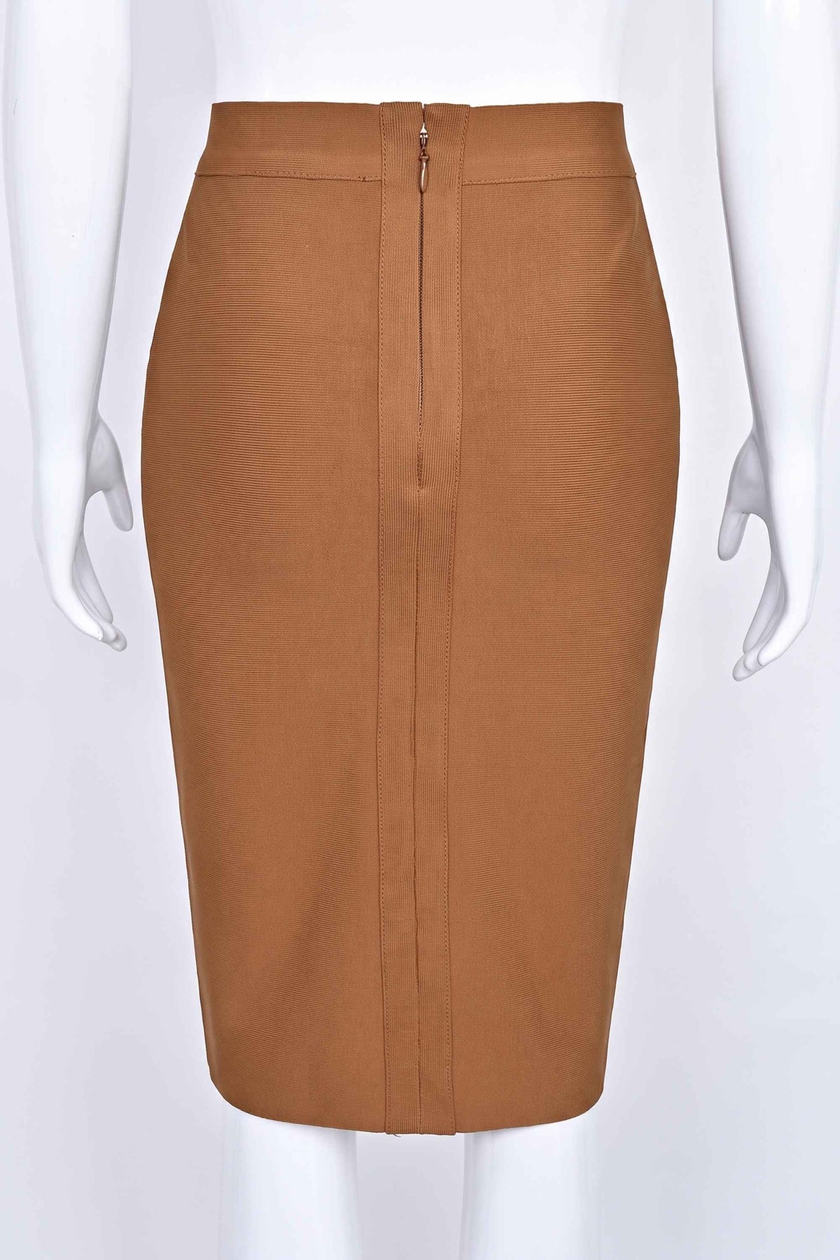 Woman wearing a figure flattering Pencil High Waist Bandage Knee Length Skirt - Tan Brown BODYCON COLLECTION