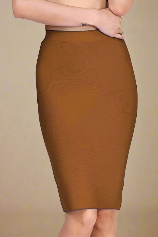 Woman wearing a figure flattering  Pencil High Waist Bandage Knee Length Skirt - Tan Brown BODYCON COLLECTION