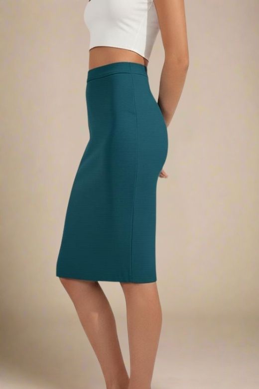 Woman wearing a figure flattering Pencil High Waist Bandage Knee Length Skirt - Teal Blue BODYCON COLLECTION
