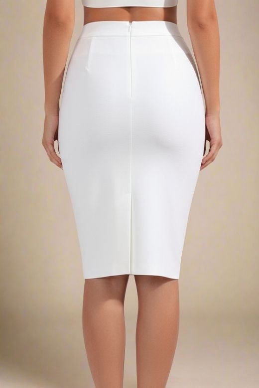 Woman wearing a figure flattering  Pencil High Waist Bandage Knee Length Skirt - White Pearl BODYCON COLLECTION