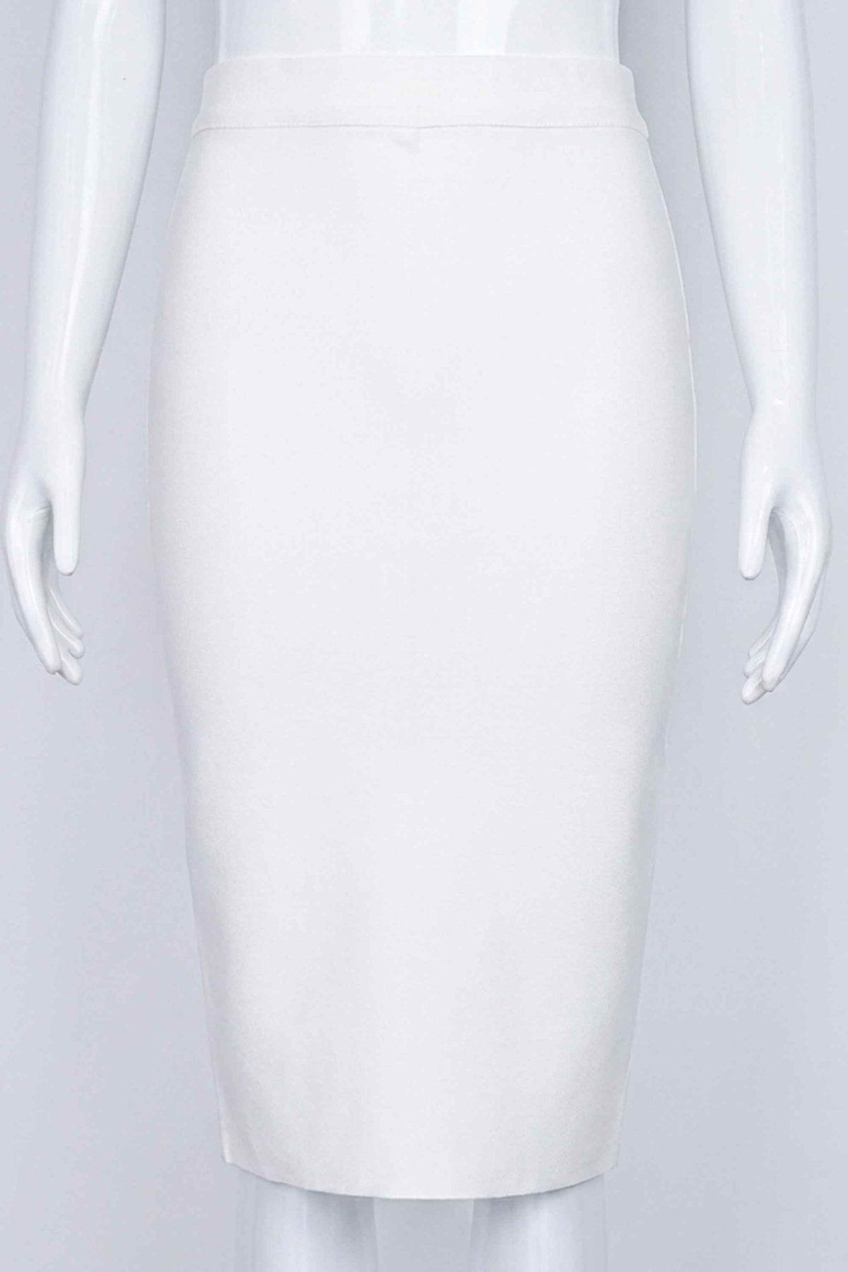 Woman wearing a figure flattering Pencil High Waist Bandage Knee Length Skirt - White Pearl BODYCON COLLECTION