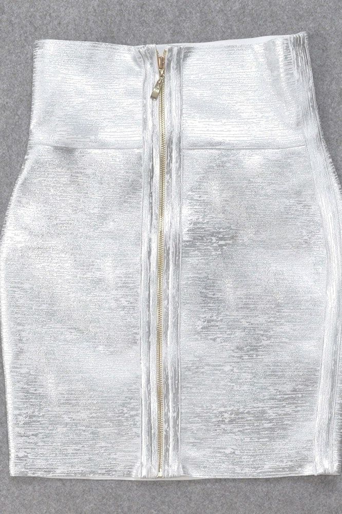 Woman wearing a figure flattering Pencil High Waist Bandage Metallic Mini Skirt - Silver BODYCON COLLECTION