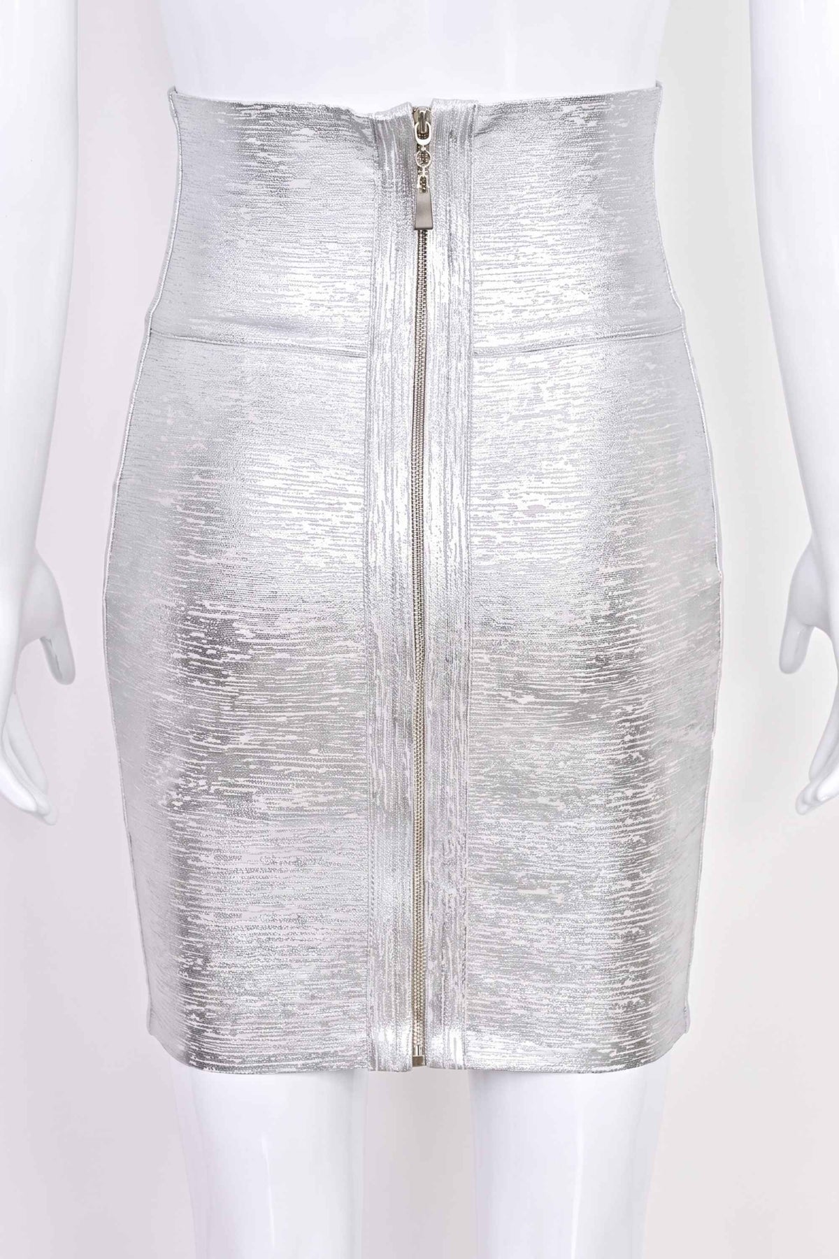 Woman wearing a figure flattering Pencil High Waist Bandage Metallic Mini Skirt - Silver BODYCON COLLECTION