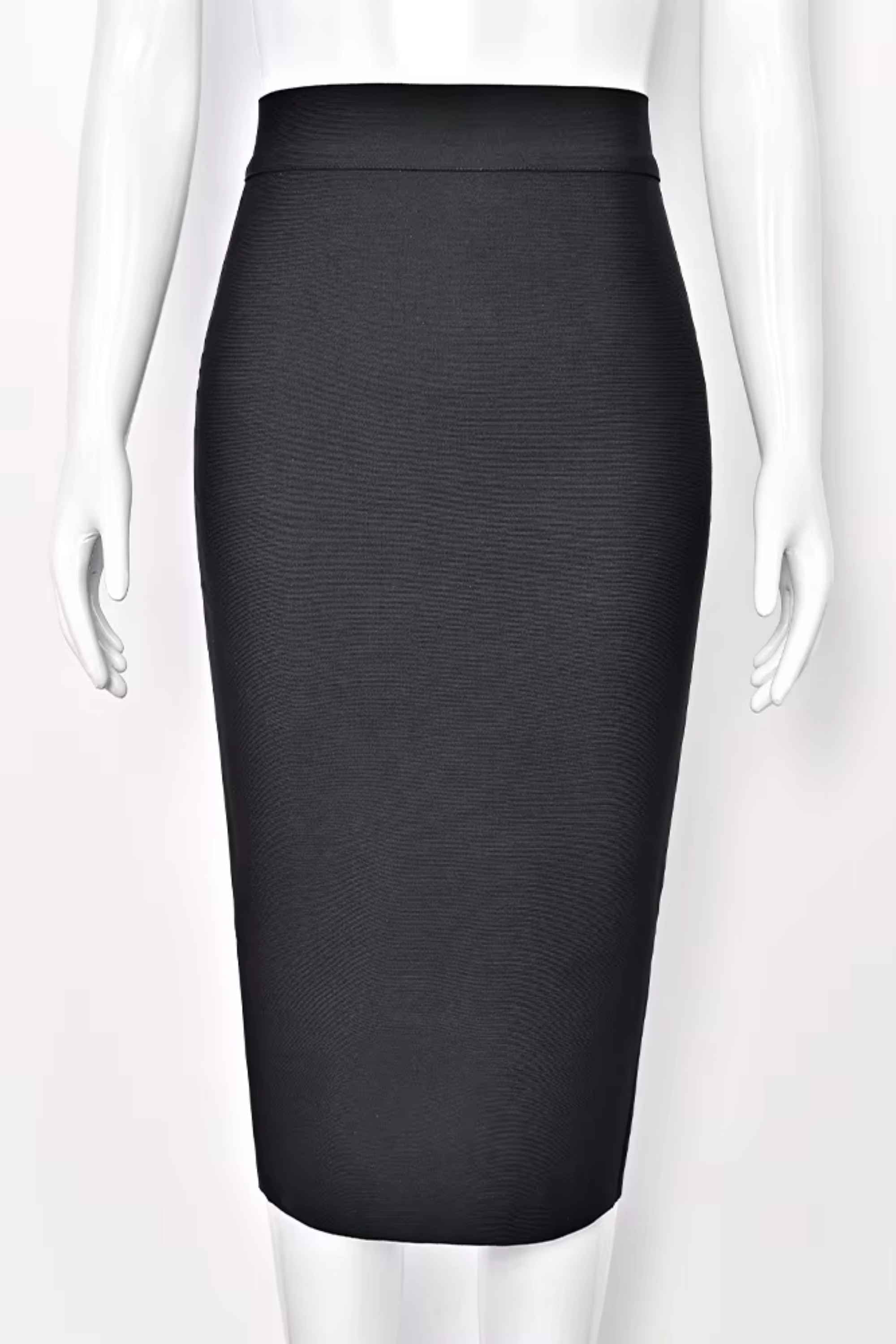 Woman wearing a figure flattering Pencil High Waist Bandage Midi Skirt - Classic Black BODYCON COLLECTION