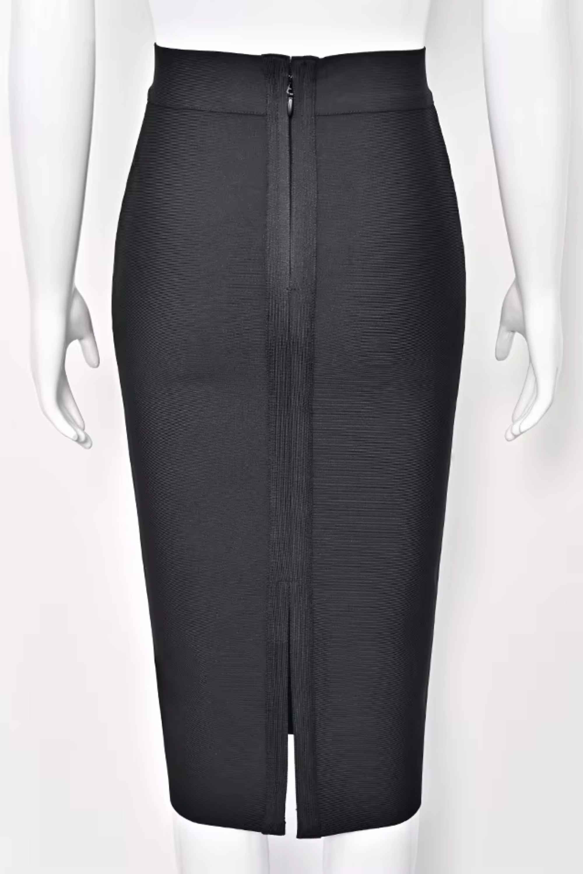 Woman wearing a figure flattering Pencil High Waist Bandage Midi Skirt - Classic Black BODYCON COLLECTION