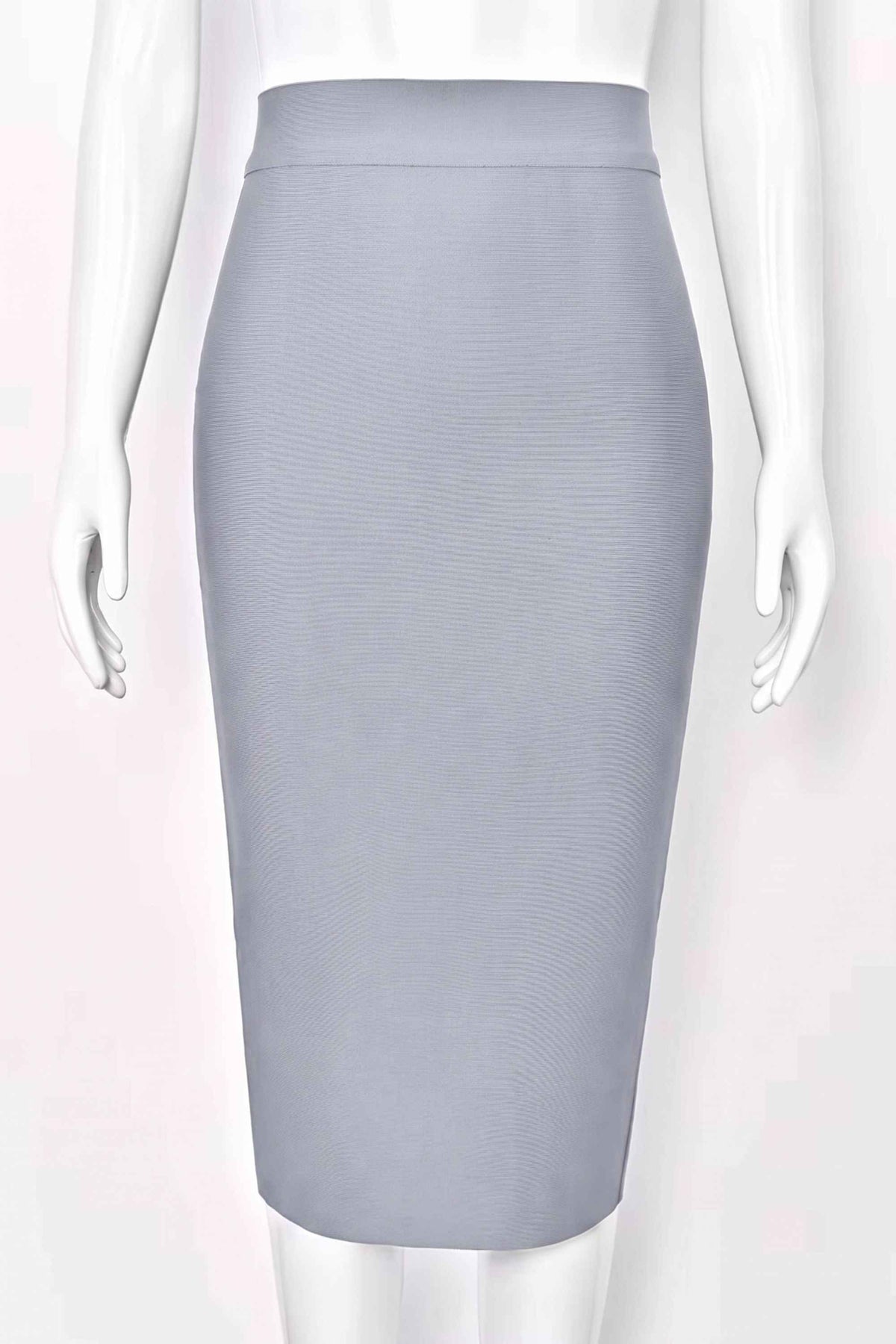 Woman wearing a figure flattering Pencil High Waist Bandage Midi Skirt - Cloud Gray BODYCON COLLECTION