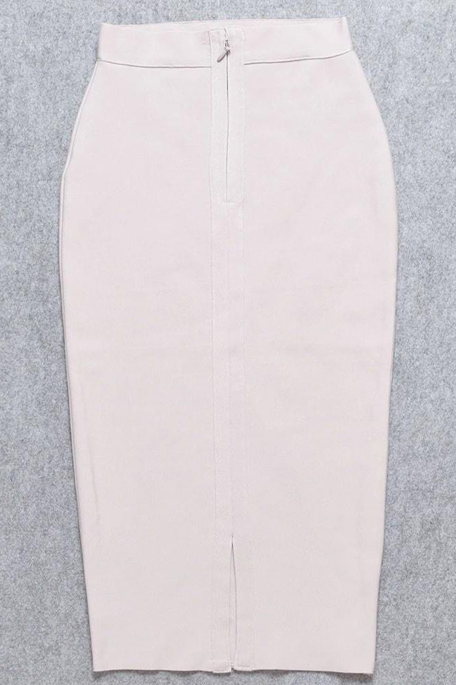 Woman wearing a figure flattering Pencil High Waist Bandage Midi Skirt - Cream BODYCON COLLECTION