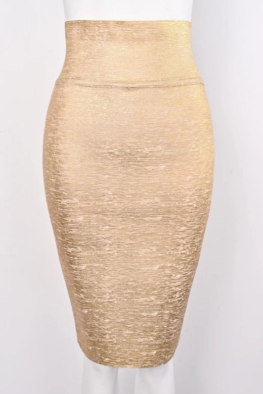 Woman wearing a figure flattering Pencil High Waist Bandage Midi Skirt - Gold BODYCON COLLECTION