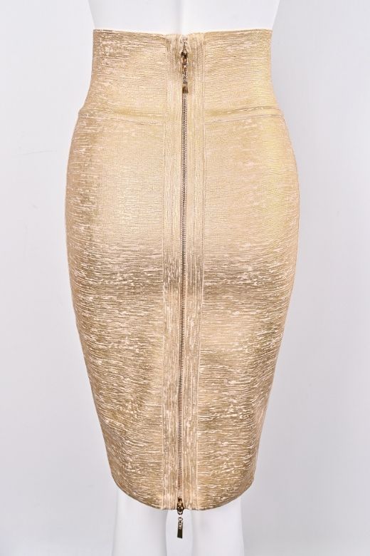 Woman wearing a figure flattering Pencil High Waist Bandage Midi Skirt - Gold BODYCON COLLECTION